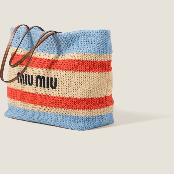 miu 0490 2 MIU MIU Woven Fabric Tote Bag BeigeBlue