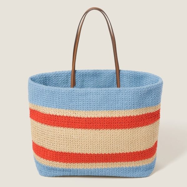 miu 0490 3 MIU MIU Woven Fabric Tote Bag BeigeBlue