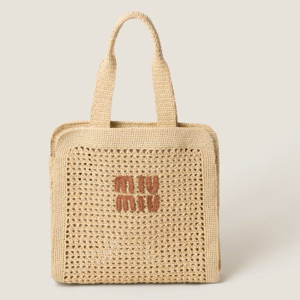 miu 0493 1 MIU MIU Raffia Tote Bag BeigeCognac