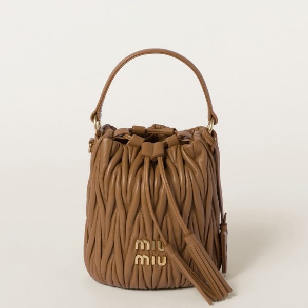 miu 0495 1 Miu Miu Matelasse Leather Bucket Bag Camel