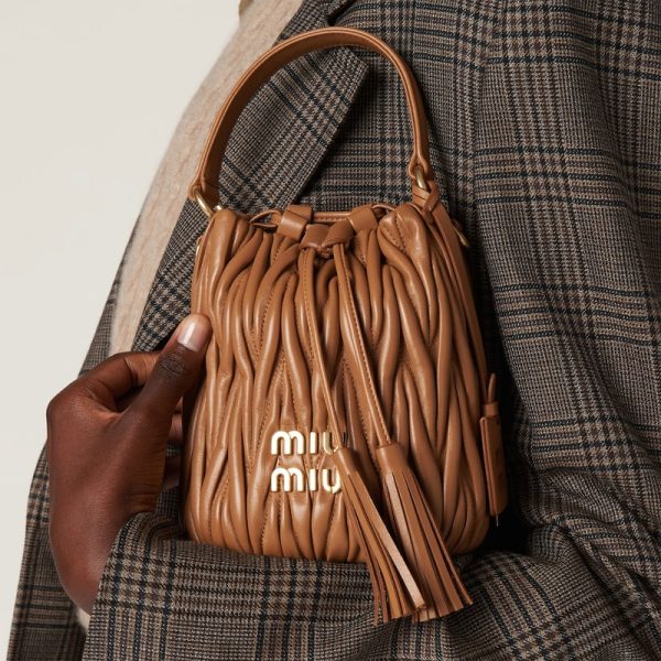 miu 0495 3 Miu Miu Matelasse Leather Bucket Bag Camel