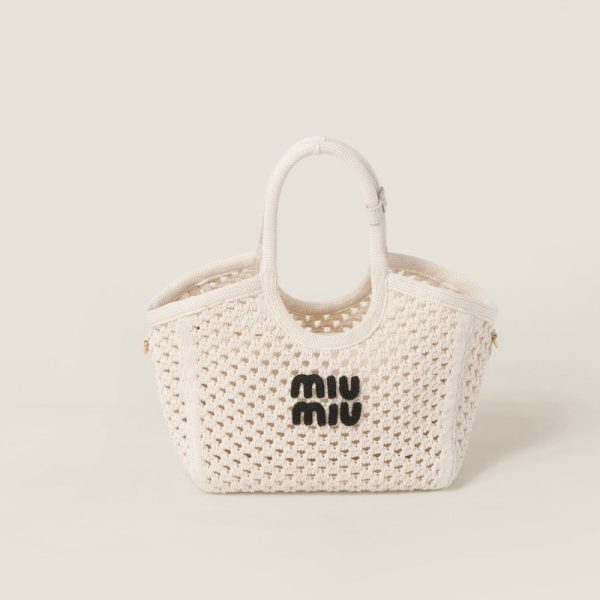 miu 0498 1 Miu Miu Ivy Cotton Mesh Bag Off white Black