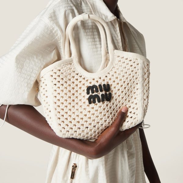 miu 0498 2 Miu Miu Ivy Cotton Mesh Bag Off white Black