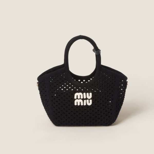 miu 0499 1 Miu Miu Ivy Cotton Mesh Bag Black Off white