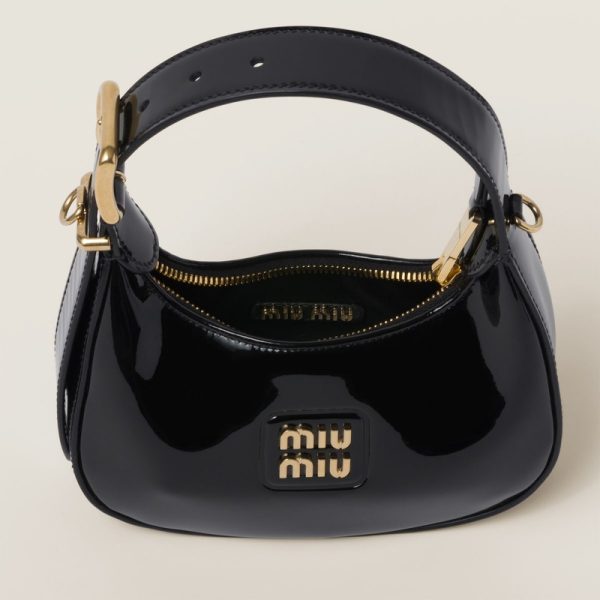 miu 0503 4 MIU MIU Patent Leather Hobo Bag Black