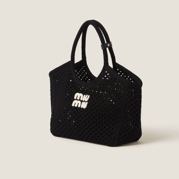 miu 0505 2 MIU MIU Mesh Cotton Tote Bag BlackOff White