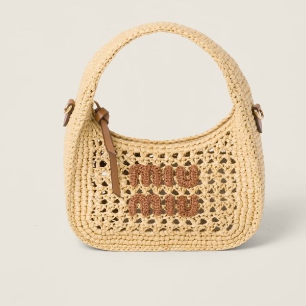 miu 0532 1 MIU MIU Wonder Woven Fabric Hobo Bag BeigeCognac