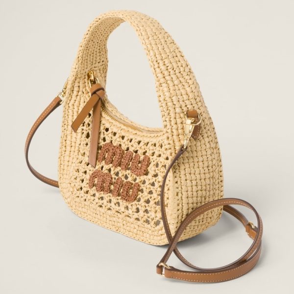 miu 0532 2 MIU MIU Wonder Woven Fabric Hobo Bag BeigeCognac