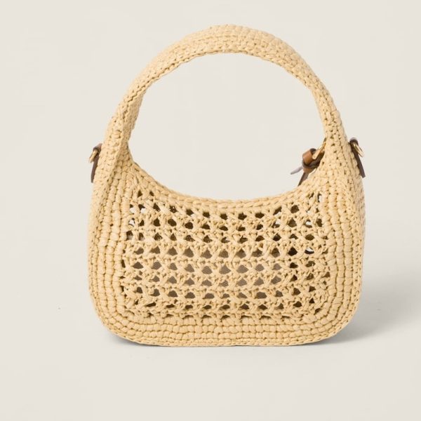 miu 0532 3 MIU MIU Wonder Woven Fabric Hobo Bag BeigeCognac