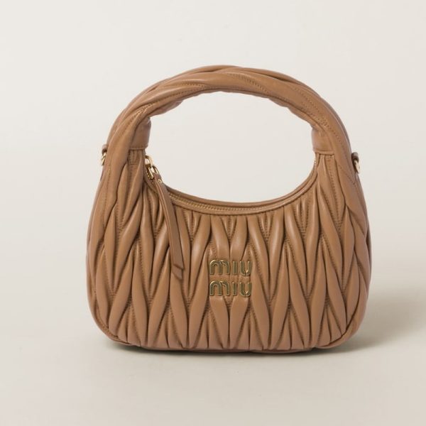 miu 0567 1 MIU MIU Wonder Matelasse Leather Hobo Bag Camel