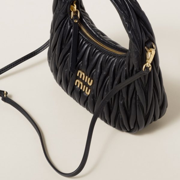 miu 0577 5 MIU MIU Wonder Matelasse Leather Hobo Bag Black