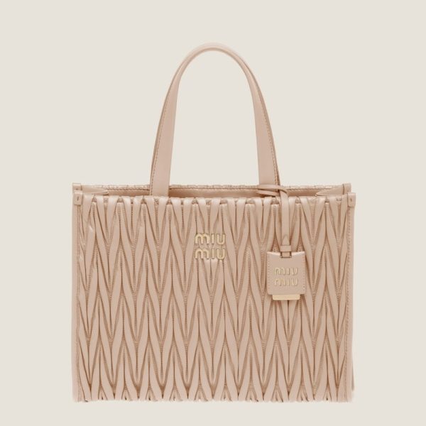 miu 0579 1 MIU MIU Matelasse Leather Tote Bag Cameo Beige