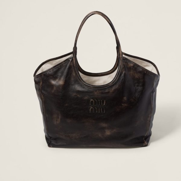 miu 0592 1 MIU MIU Leather Tote Bag SandDark Brown