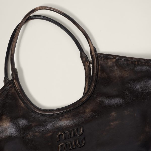 miu 0592 5 MIU MIU Leather Tote Bag SandDark Brown