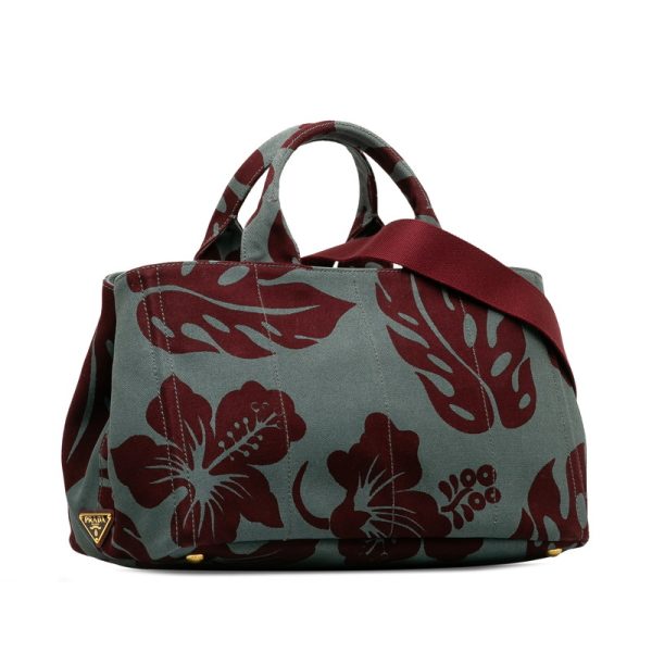 nsaw4kcgf3mseoko 2 PRADA Triangle Logo Plate Hibiscus Canapa M Handbag Shoulder Bag 2WAY Gray Wine Red Canvas