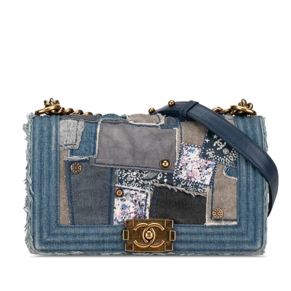 nu0h60jp3pq580x6 1 CHANEL Boy Chanel Coco Mark Patchwork Denim Chain Shoulder Bag Indigo Blue Denim Leather