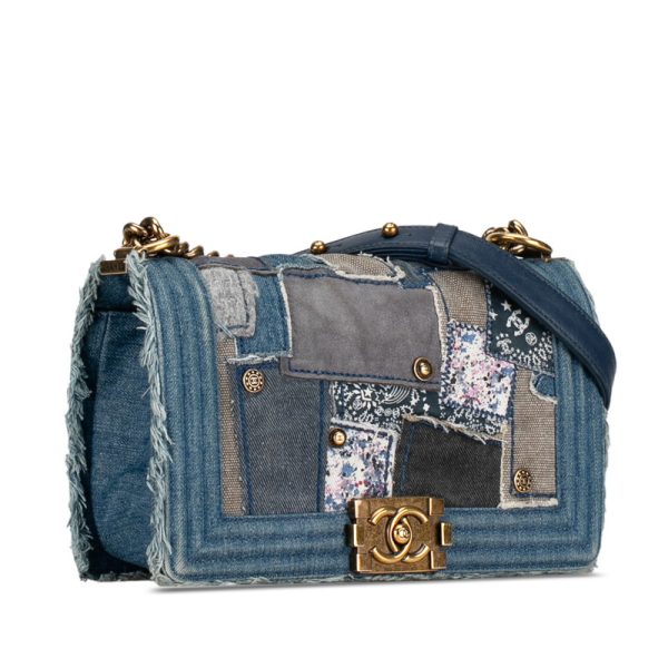 nu0h60jp3pq580x6 2 CHANEL Boy Chanel Coco Mark Patchwork Denim Chain Shoulder Bag Indigo Blue Denim Leather