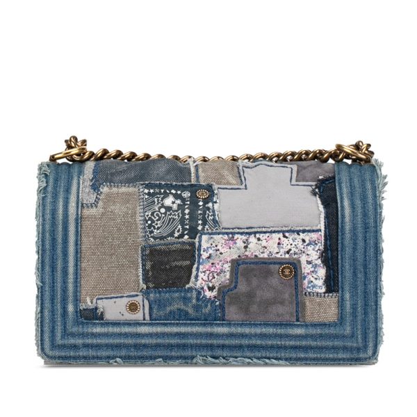 nu0h60jp3pq580x6 3 CHANEL Boy Chanel Coco Mark Patchwork Denim Chain Shoulder Bag Indigo Blue Denim Leather