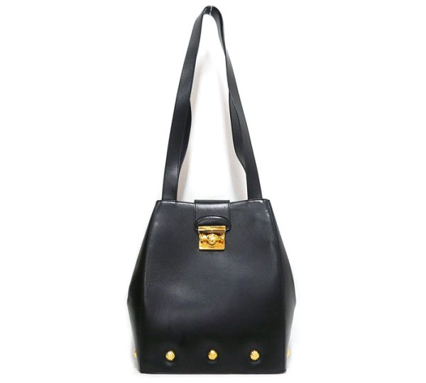 on4315 1 Salvatore Ferragamo Pumps Pattern Hardware Leather Shoulder Bag Black Gold