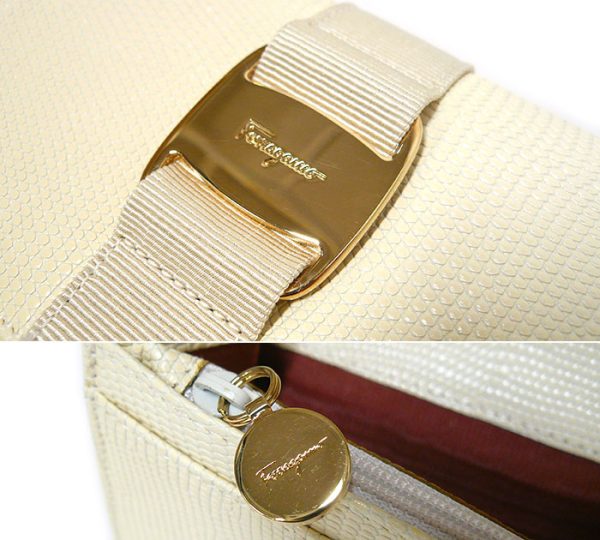 on4556 6 Salvatore Ferragamo Vara Bifold Long Wallet Lizard Embossed Ivory Gold