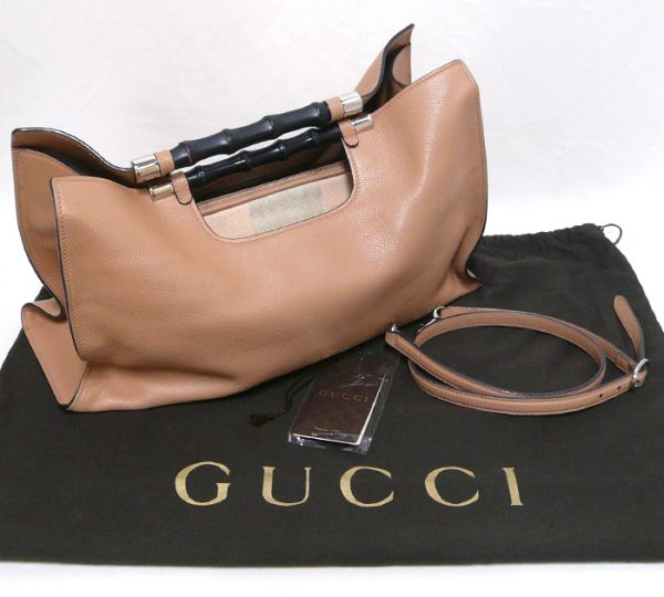 on5396 9 Gucci Bamboo Daily 2Way Handbag Shoulder Bag Beige Leather