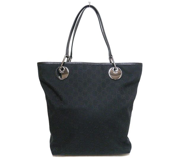 on5652 1 Gucci GG Canvas Leather Tote Bag Black Silver