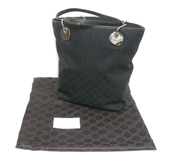 on5652 7 Gucci GG Canvas Leather Tote Bag Black Silver