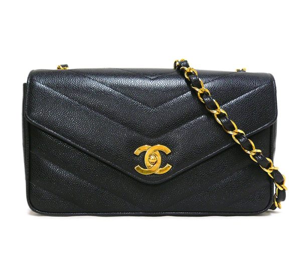 on5787 1 Chanel Caviar Skin Chevron Chain Shoulder Bag Black Gold