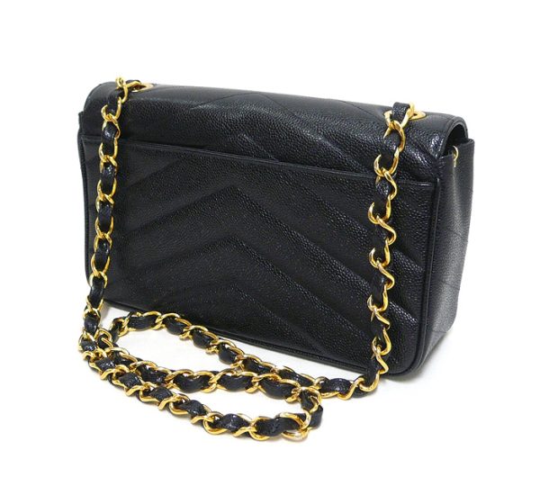 on5787 2 Chanel Caviar Skin Chevron Chain Shoulder Bag Black Gold