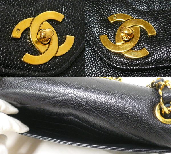 on5787 4 Chanel Caviar Skin Chevron Chain Shoulder Bag Black Gold