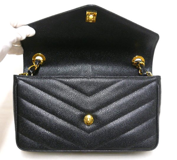 on5787 5 Chanel Caviar Skin Chevron Chain Shoulder Bag Black Gold