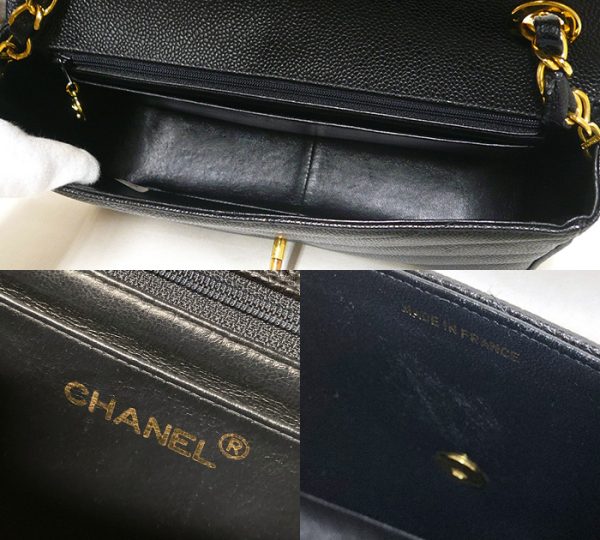 on5787 6 Chanel Caviar Skin Chevron Chain Shoulder Bag Black Gold