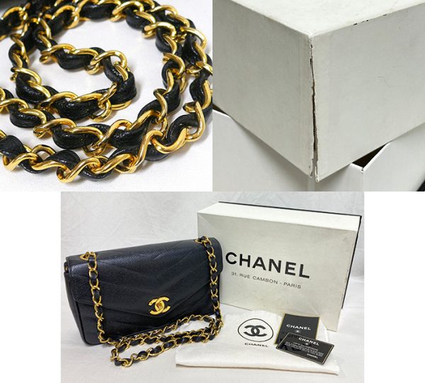 on5787 8 Chanel Caviar Skin Chevron Chain Shoulder Bag Black Gold