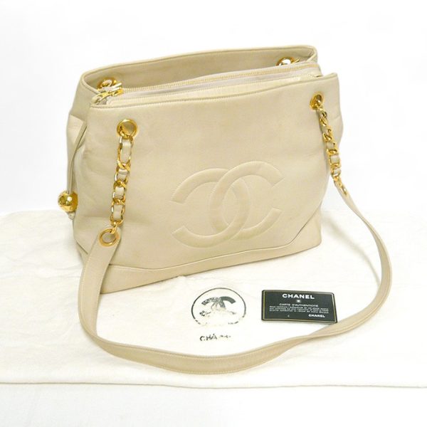 on5940 10 Chanel Lambskin Chain Tote Bag Ivory Gold