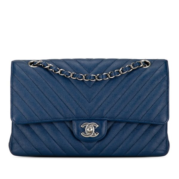 pjwneiacjbl42dta 1 CHANEL Cocomark V Stitch Double Flap Chain Shoulder Bag Blue Leather