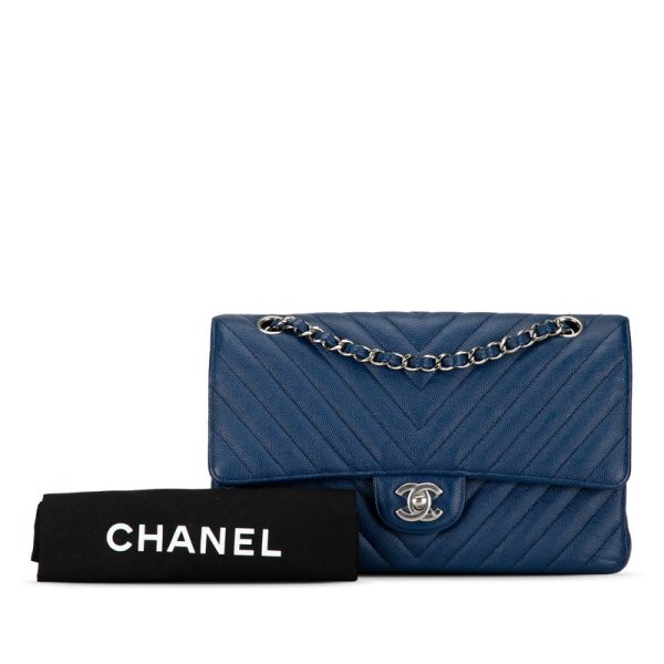 pjwneiacjbl42dta 11 CHANEL Cocomark V Stitch Double Flap Chain Shoulder Bag Blue Leather