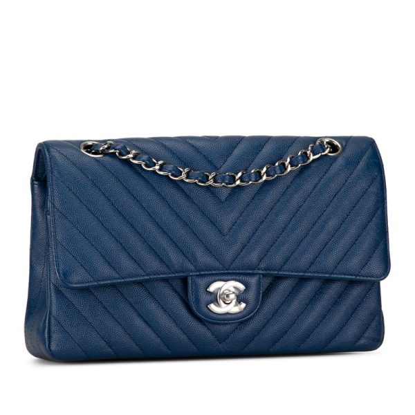 pjwneiacjbl42dta 2 CHANEL Cocomark V Stitch Double Flap Chain Shoulder Bag Blue Leather