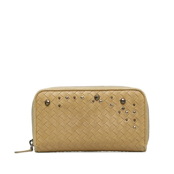 qjzjiluidzcxkks3 1 Bottega Veneta Studded Intrecciato Round Zipper Long Wallet Beige