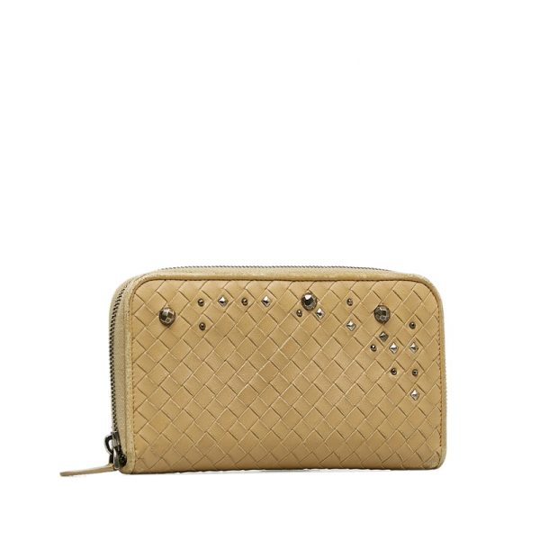 qjzjiluidzcxkks3 2 Bottega Veneta Studded Intrecciato Round Zipper Long Wallet Beige