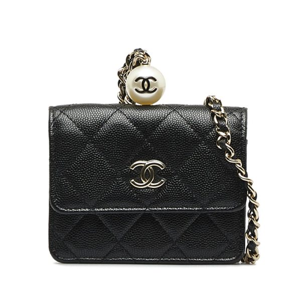 quzqyvybx5dqdbzv 1 CHANEL Matelasse Cocomark Fake Pearl Chain Coin Purse Card Case Black Caviar Skin