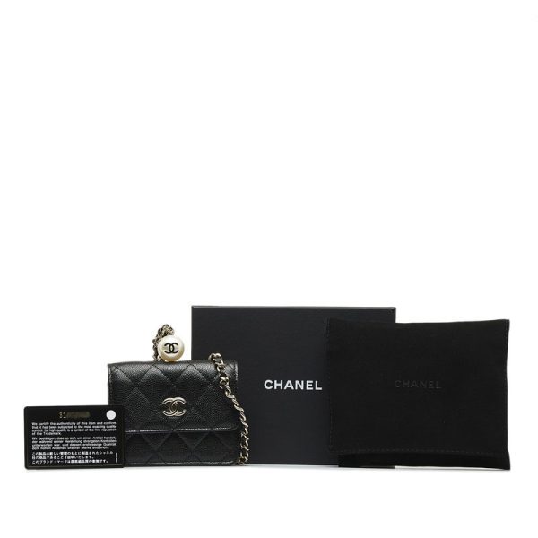 quzqyvybx5dqdbzv 10 CHANEL Matelasse Cocomark Fake Pearl Chain Coin Purse Card Case Black Caviar Skin