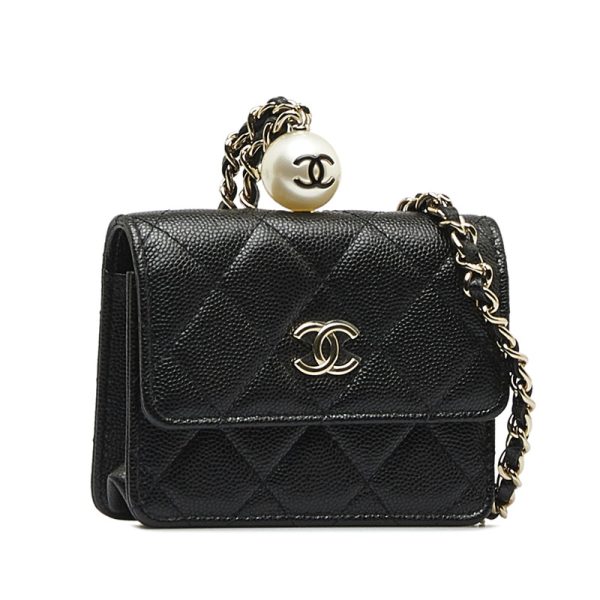 quzqyvybx5dqdbzv 2 CHANEL Matelasse Cocomark Fake Pearl Chain Coin Purse Card Case Black Caviar Skin