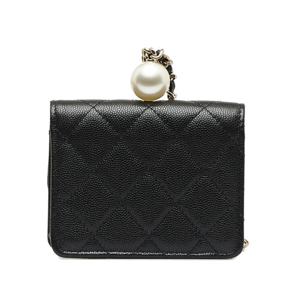 quzqyvybx5dqdbzv 3 CHANEL Matelasse Cocomark Fake Pearl Chain Coin Purse Card Case Black Caviar Skin