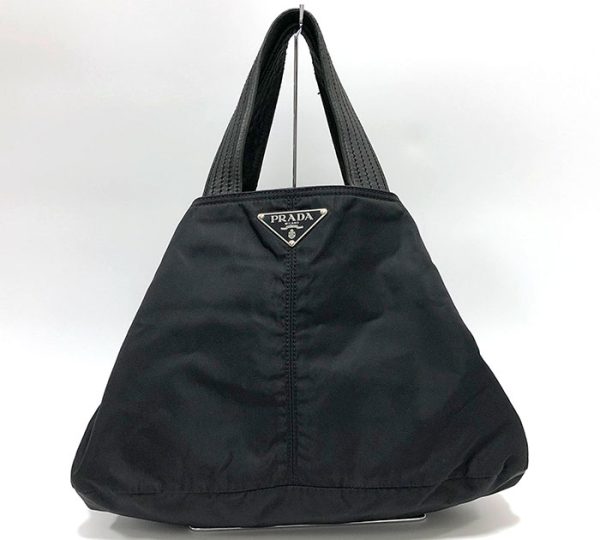 ra5996 1 Prada Nylon Leather Triangle Logo Tote Bag Black