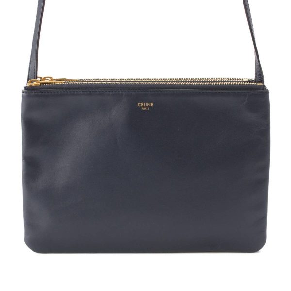 re cel sh w 00363 Celine Trio Large Leather Pouch Pochette Shoulder Bag Navy Blue