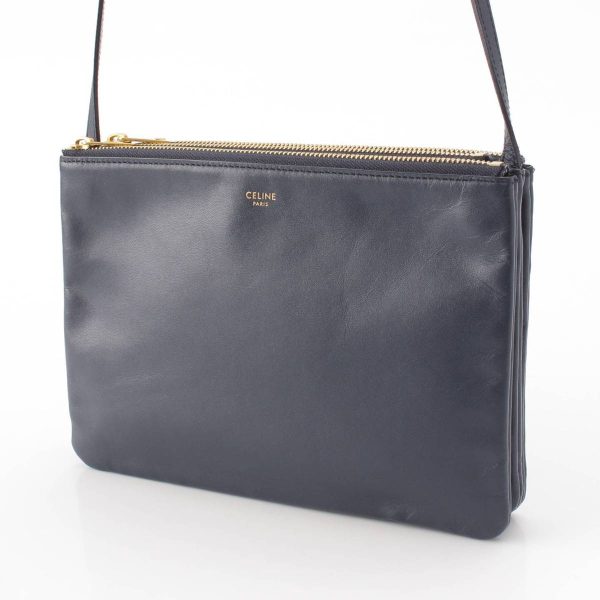 re cel sh w 00363 1 Celine Trio Large Leather Pouch Pochette Shoulder Bag Navy Blue