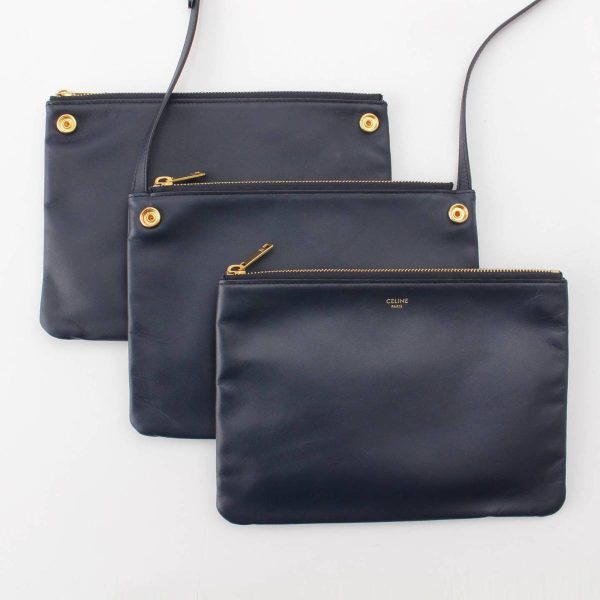 re cel sh w 00363 6 Celine Trio Large Leather Pouch Pochette Shoulder Bag Navy Blue