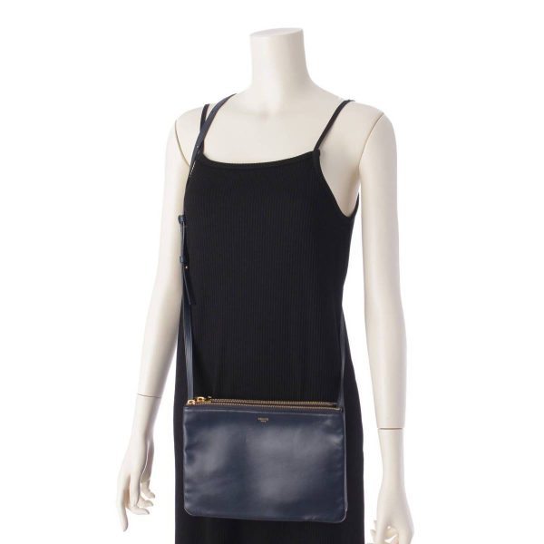 re cel sh w 00363 9 Celine Trio Large Leather Pouch Pochette Shoulder Bag Navy Blue