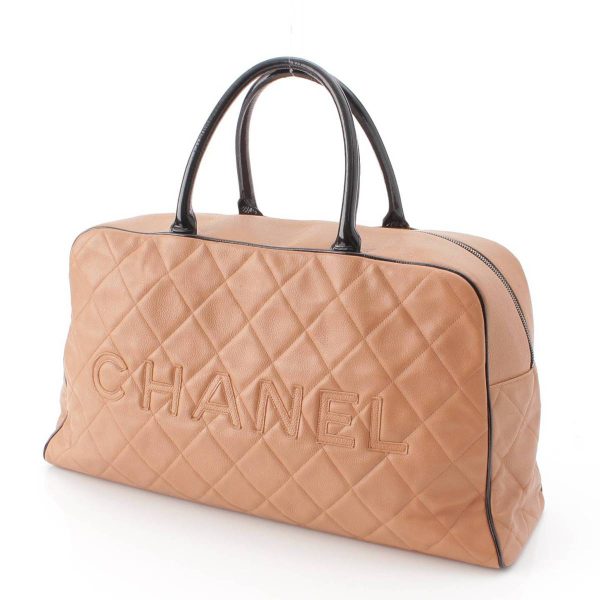 re cha bo w 00021 1 Chanel Spaline Matelasse Caviar Skin Logo Boston Bag Beige