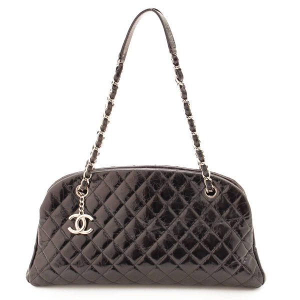 re cha sh w 00160 Chanel Matelasse Mademoiselle Leather Bowling Chain Shoulder Bag Black